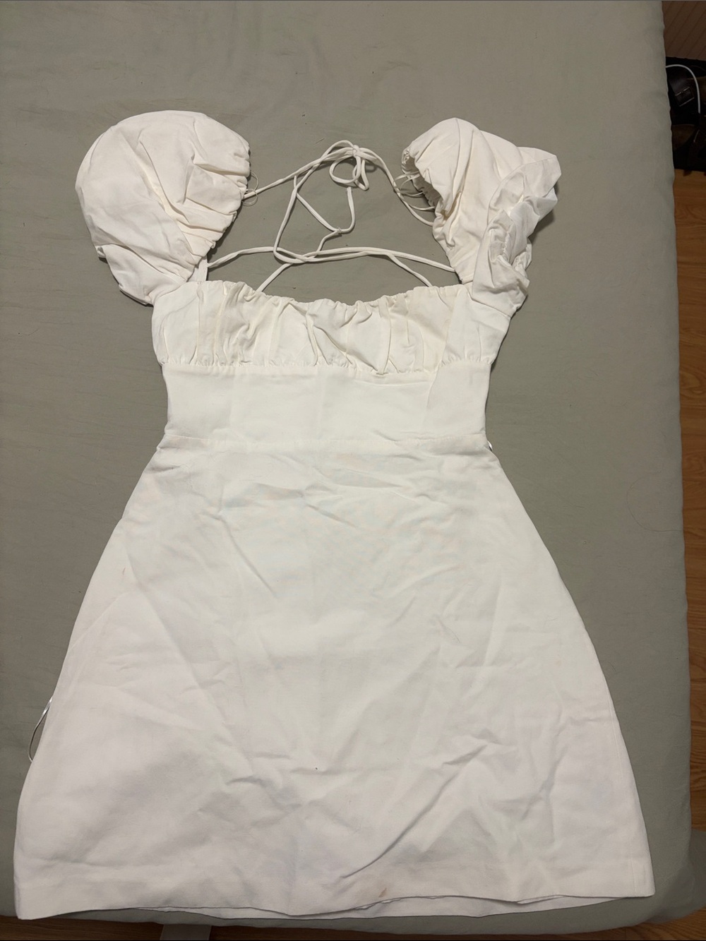 Zara White Puff Sleeve Mini Dress with Tie-Back